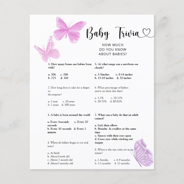 Butterflies - Baby Trivia | Baby Shower Game (Front)