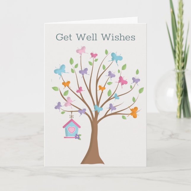 Butterflies Birdhouse Tree Cheery Get Well Card (Front)
