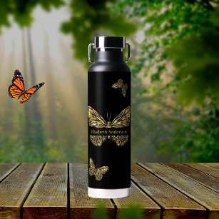 Butterflies black gold name script water bottle