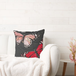 Butterflies Black White Stripes Throw Pillow