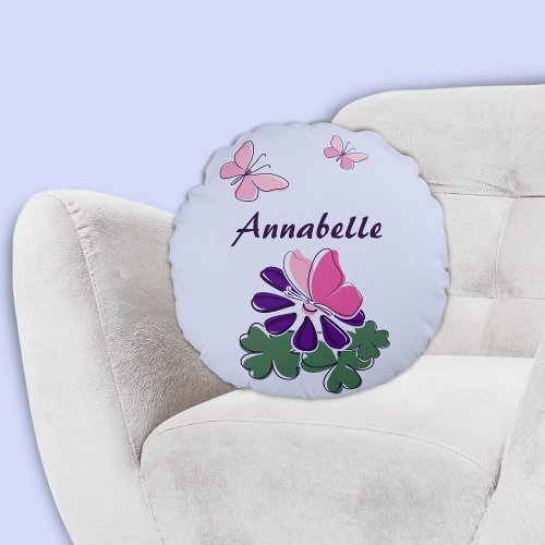 Butterflies  Bloom Purple Pink Round Pillow