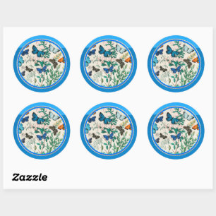 Butterflies, blue circle frame, classic round sticker