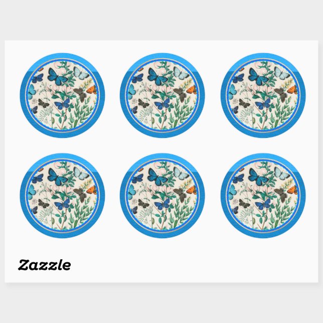 Butterflies, blue circle frame, classic round sticker (Sheet)