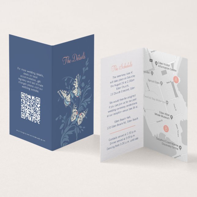 Butterflies blue coral wedding details map QR (Inside and Outside)
