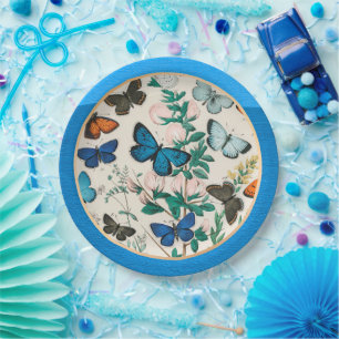 Butterflies, blue frame paper plates