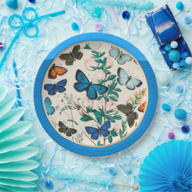 Butterflies, blue frame paper plates (Party)