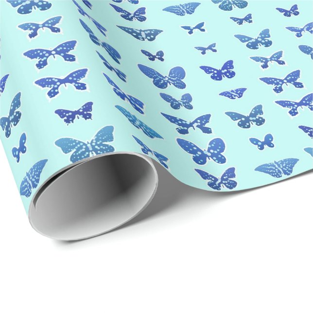 Butterflies, blue, light turquoise background wrapping paper (Roll Corner)