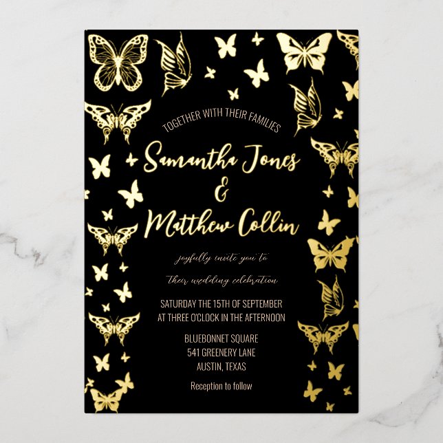Butterflies Boho Black Gold Foil Wedding Foil Invitation (Front)