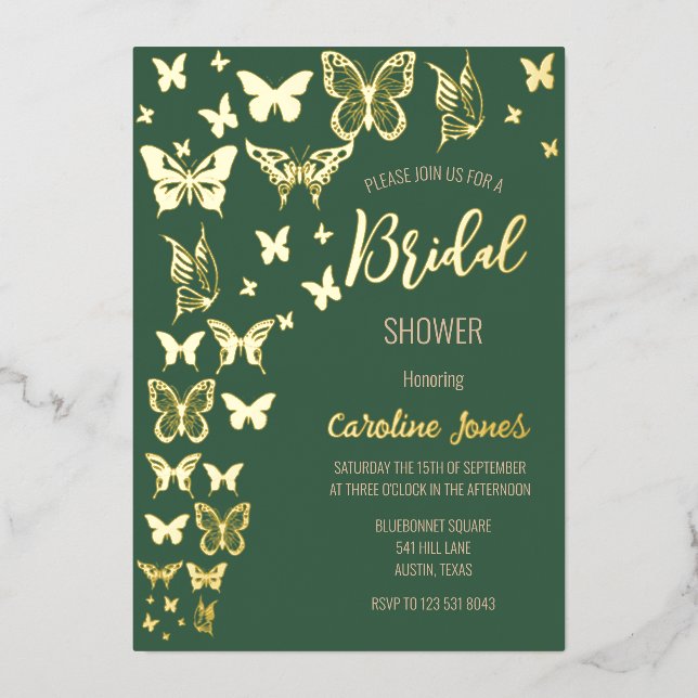 Butterflies Boho Green Gold Foil Bridal Shower Foil Invitation (Front)