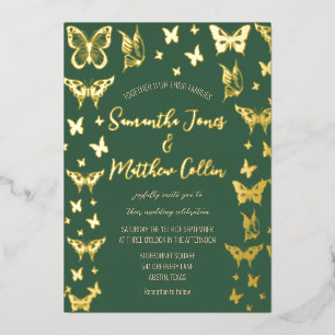 Butterflies Boho Green Gold Foil Wedding Invitation