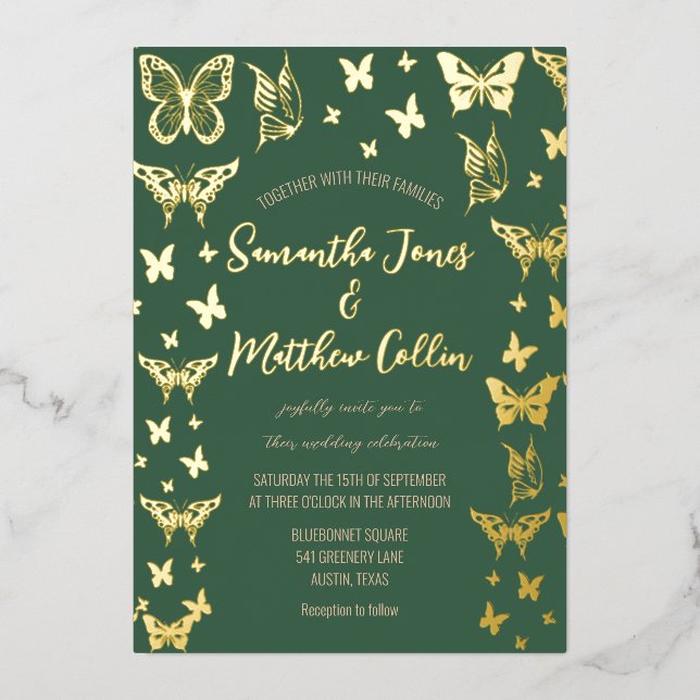 Butterflies Boho Green Gold Foil Wedding Invitation (Front)