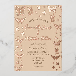 Butterflies Boho Peach Rose Gold Foil Wedding Invitation