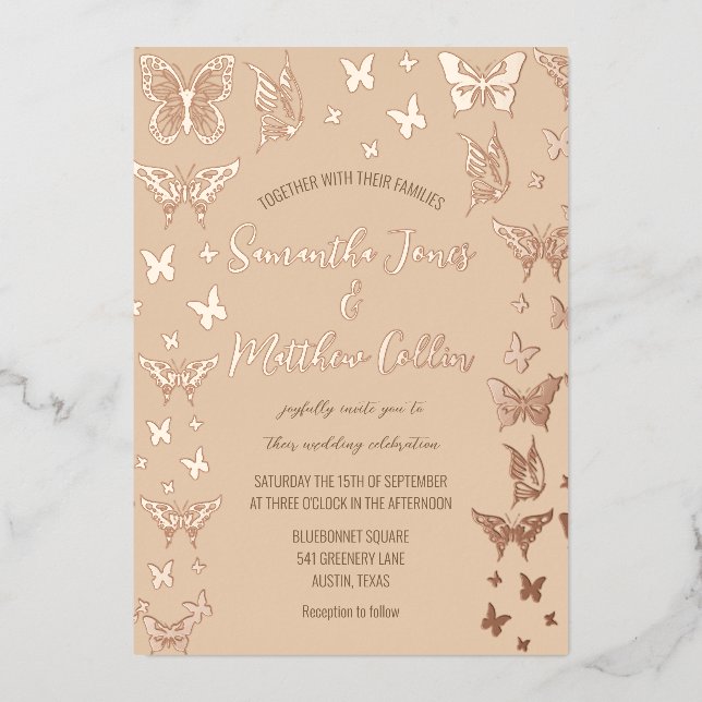 Butterflies Boho Peach Rose Gold Foil Wedding Invitation (Front)
