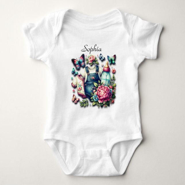 Butterflies, Bottle Water and Blue Jeans Spring Baby Bodysuit (Front)