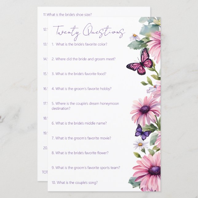 Butterflies bridal shower 20 questions game (Front/Back)