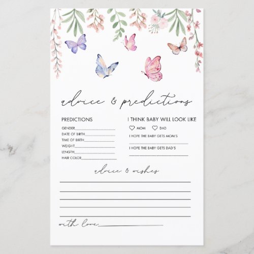 Butterflies Bridal Shower Advice  Prediction Card