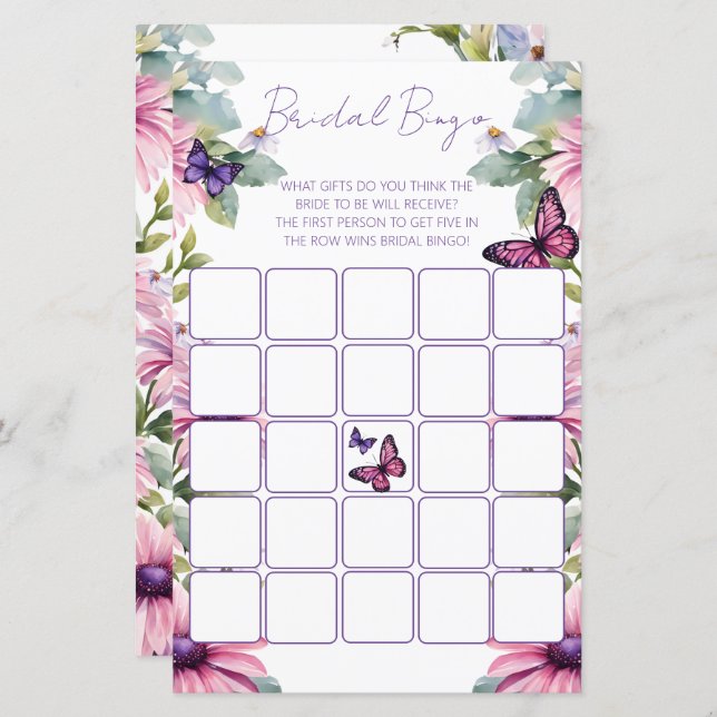 Butterflies bridal shower bingo game (Front/Back)