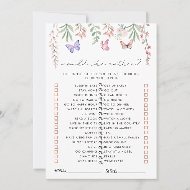 Butterflies Bridal Shower Game Would She Rather Invitation (Front)