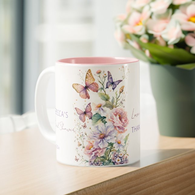 Butterflies bridal shower thank you favors Two-Tone coffee mug (Butterflies enchanted garden bridal shower thank you favors personalized coffee mug practical favors)