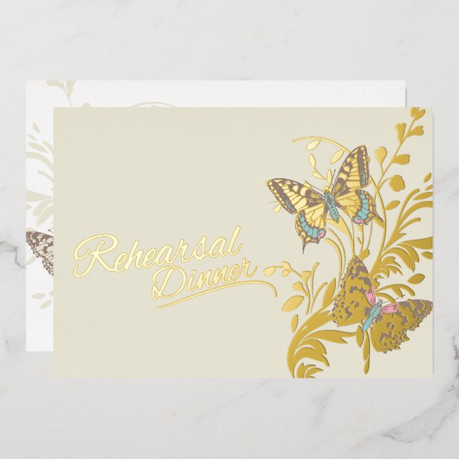Butterflies brown gold wedding rehearsal dinner foil invitation (Front/Back)