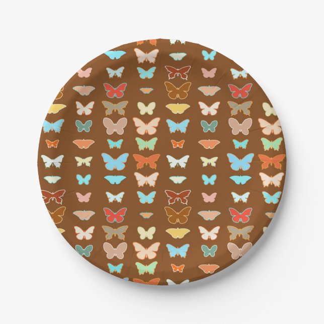 Butterflies, brown, turquoise and coral paper plates (Front)