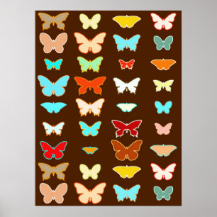 Butterflies, Brown, Turquoise and Coral Poster