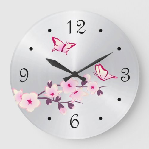 Butterflies Cherry Blossoms Silver Large Clock