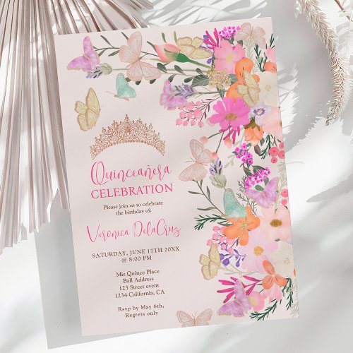 Butterflies chic wildflowers spring quinceanera invitation