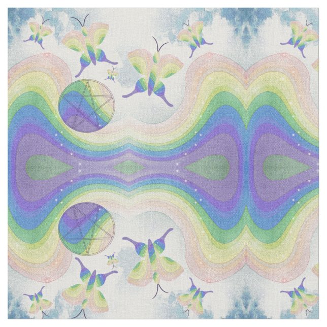 Butterflies, Clouds, Rainbows and Pentacles Fabric (Close Up)