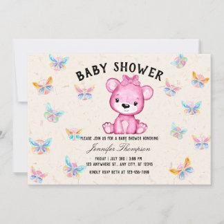 Butterflies & Cute Bear Baby Shower Invitation