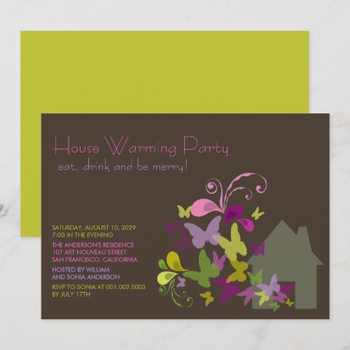 Butterflies &amp; Deco Leaves House Warming Party Invite