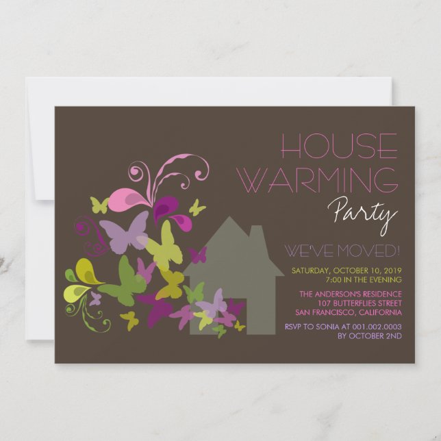 Butterflies Deco Leaves House Warming Party Invite (Front)