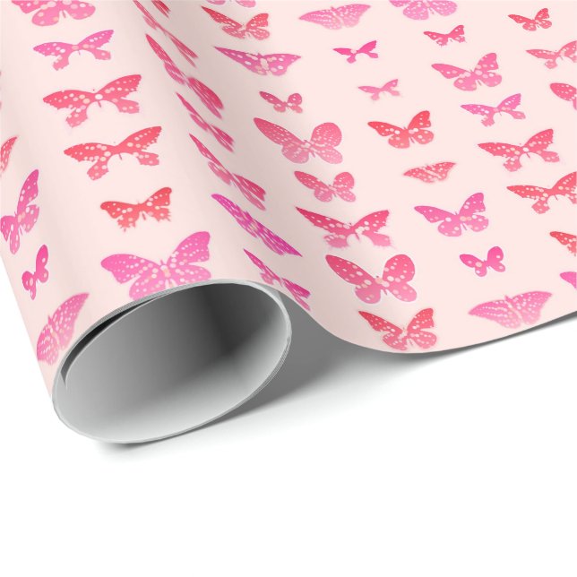 Butterflies, deep pink, pale pink background wrapping paper (Roll Corner)