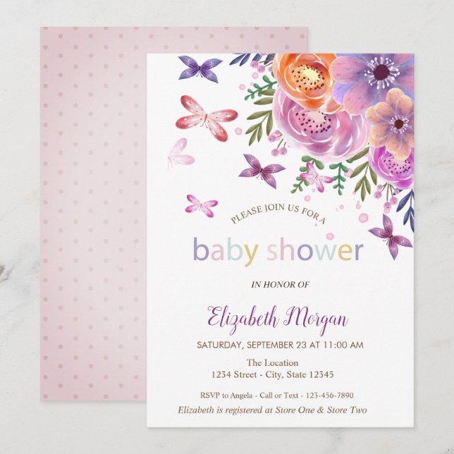  Butterflies Dots Floral Baby Shower Invitation (Front/Back)
