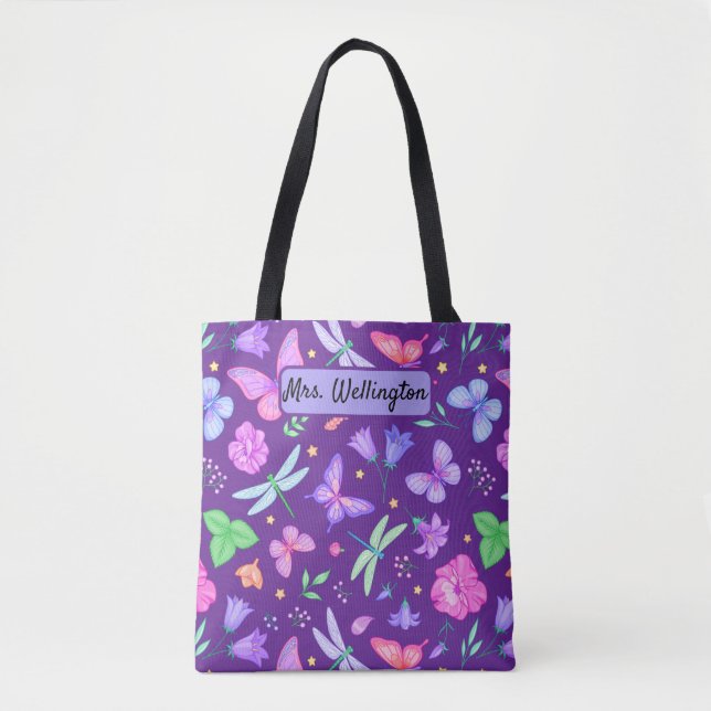 Butterflies & Dragonflies purple and pink floral Tote Bag (Front)
