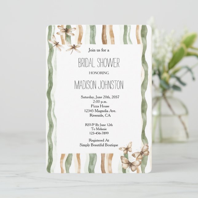Butterflies Dragonflies Stripes Bridal Shower Invitation (Standing Front)