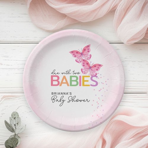 Butterflies Due with Two Twin Girls Baby Shower Paper Plates