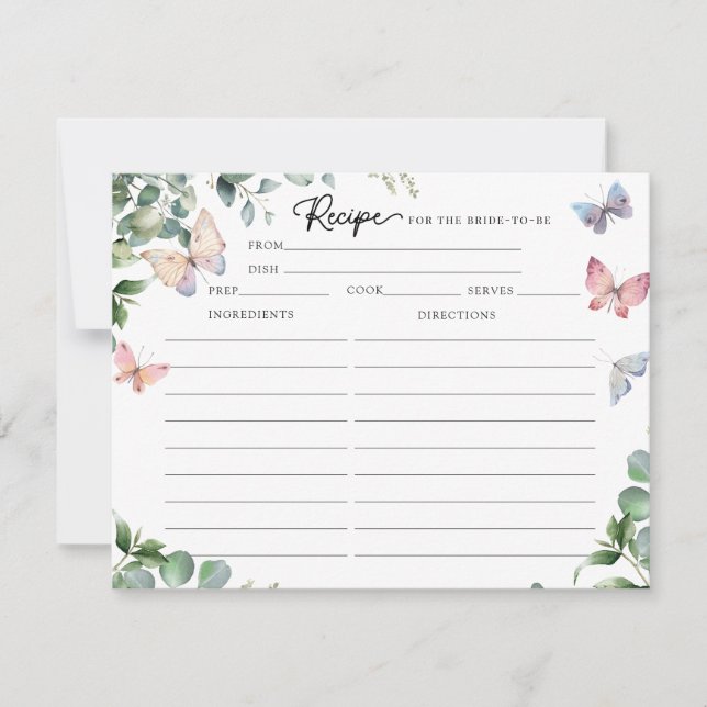 Butterflies Eucalyptus Bridal Shower Recipe Cards  (Front)