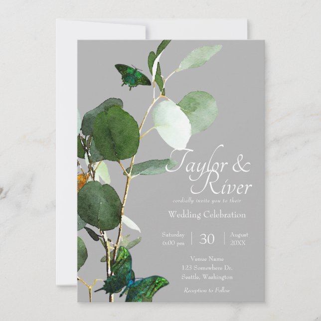 Butterflies & Eucalyptus | Gray Wedding Invitation (Front)