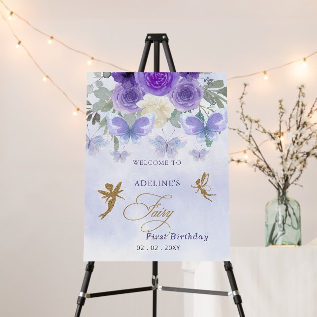 Butterflies Fairy First Birthday Welcome Sign (In Situ (Stand))