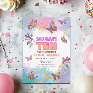 Butterflies Fairy Gold Glitter 10th Birthday Party Invitation