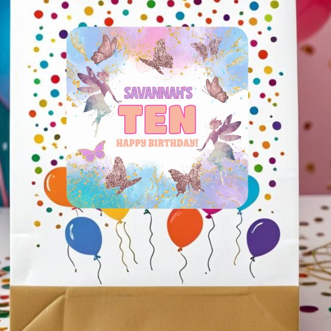 Butterflies Fairy Gold Glitter 10th Birthday Party Square Sticker (Creator Uploaded)