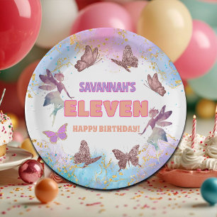 Butterflies Fairy Gold Glitter 11th Birthday Party Paper Plates