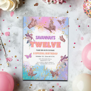 Butterflies Fairy Gold Glitter 12th Birthday Party Invitation