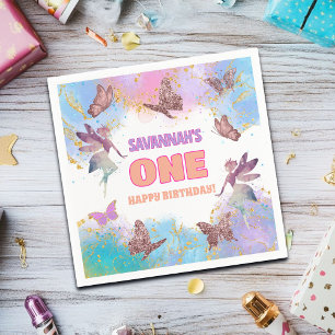 Butterflies Fairy Gold Glitter 1st Birthday Party Napkins