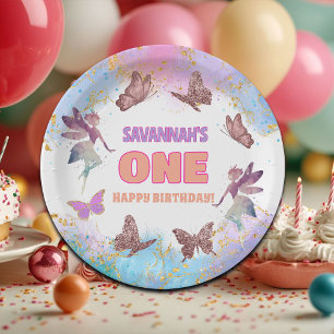 Butterflies Fairy Gold Glitter 1st Birthday Party Paper Plates