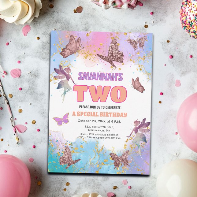 Butterflies Fairy Gold Glitter 2nd Birthday Party Invitation (Creator Uploaded)