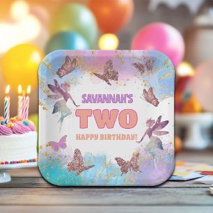 Butterflies Fairy Gold Glitter 2nd Birthday Party Paper Plates