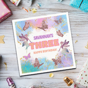 Butterflies Fairy Gold Glitter 3rd Birthday Party Napkins