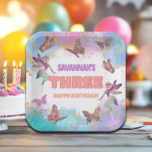 Butterflies Fairy Gold Glitter 3rd Birthday Party Paper Plates